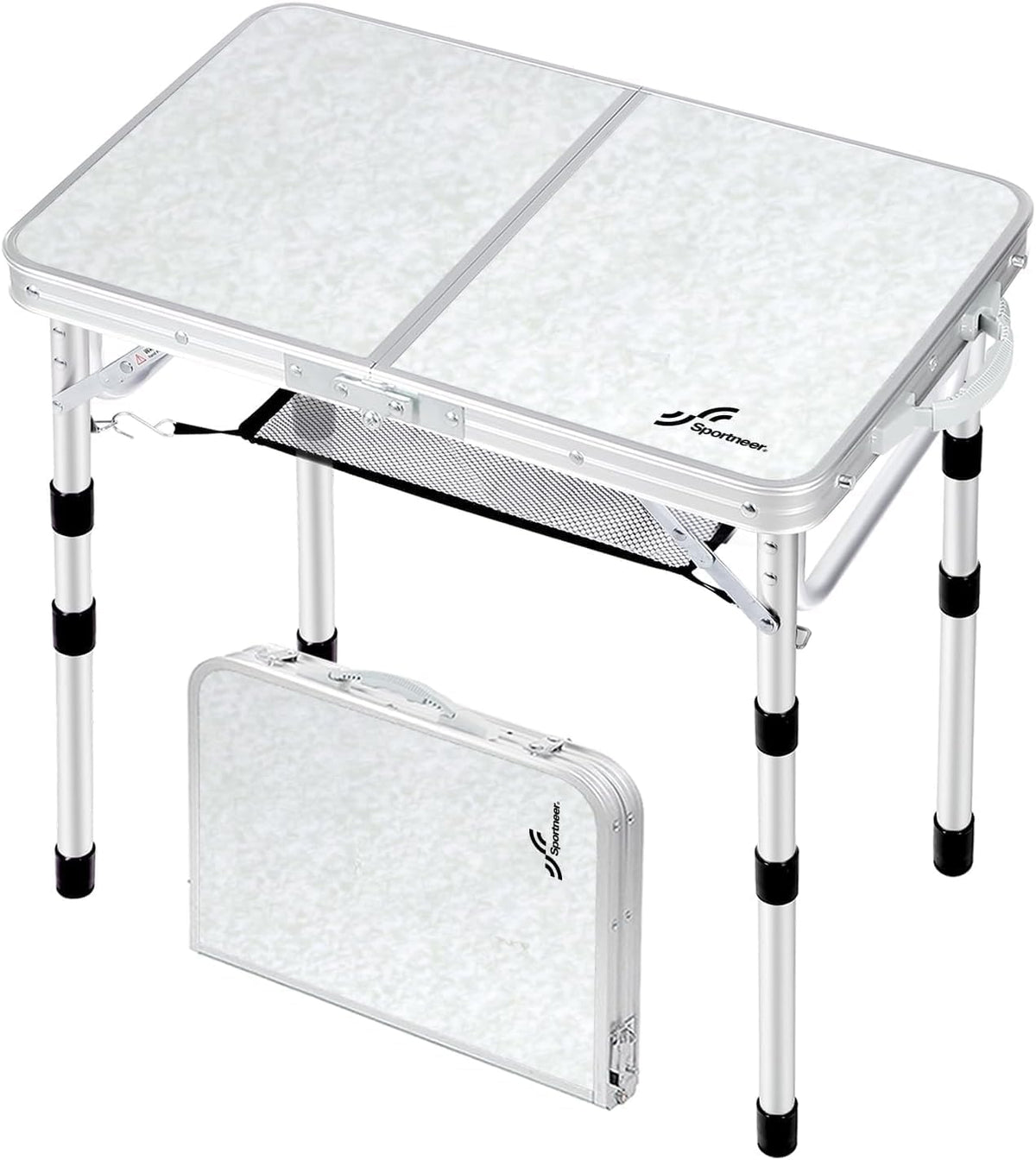Adjustable Height Folding Aluminium Camping Table with Mesh Shelf
