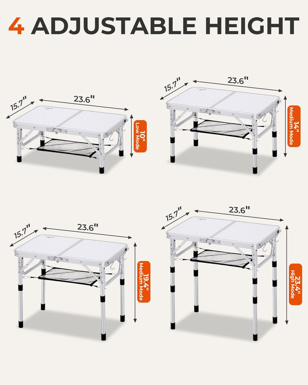 Adjustable Height Folding Aluminium Camping Table with Mesh Shelf
