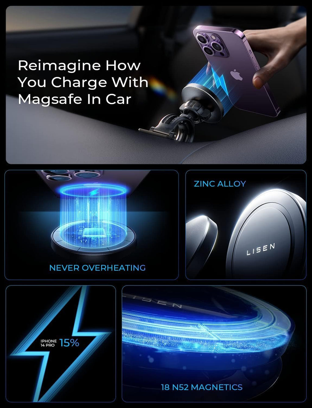 Magnetic MagSafe Car Mount with 15W Wireless Charging