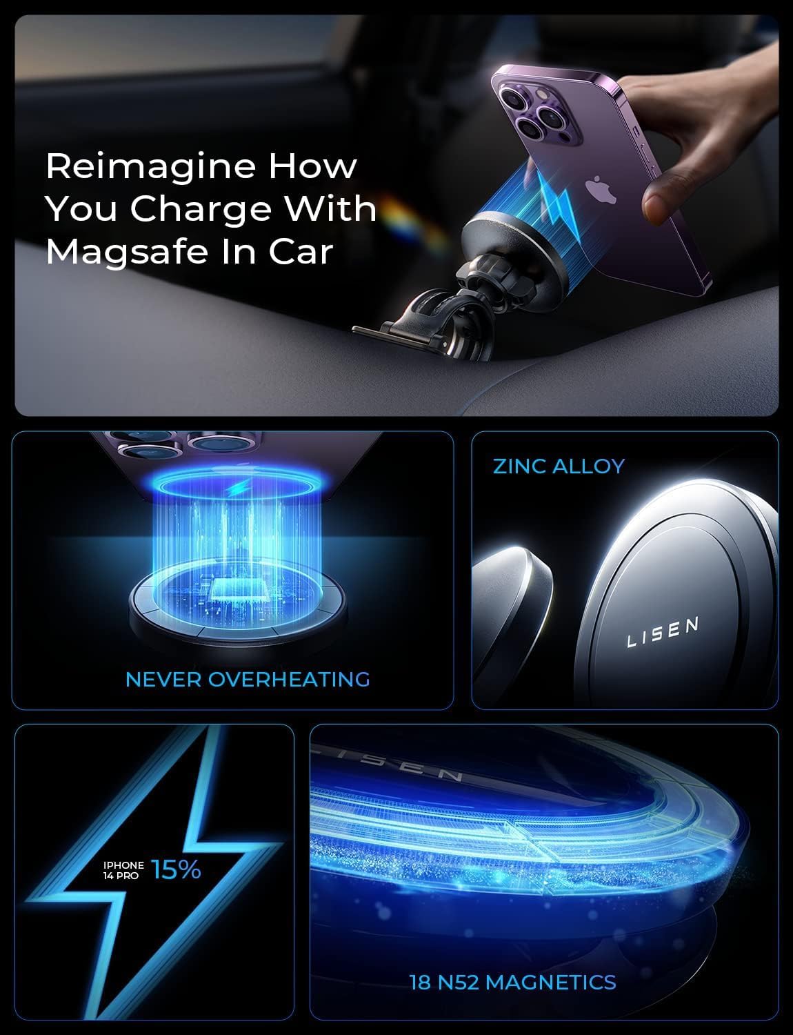 Magnetic MagSafe Car Mount with 15W Wireless Charging