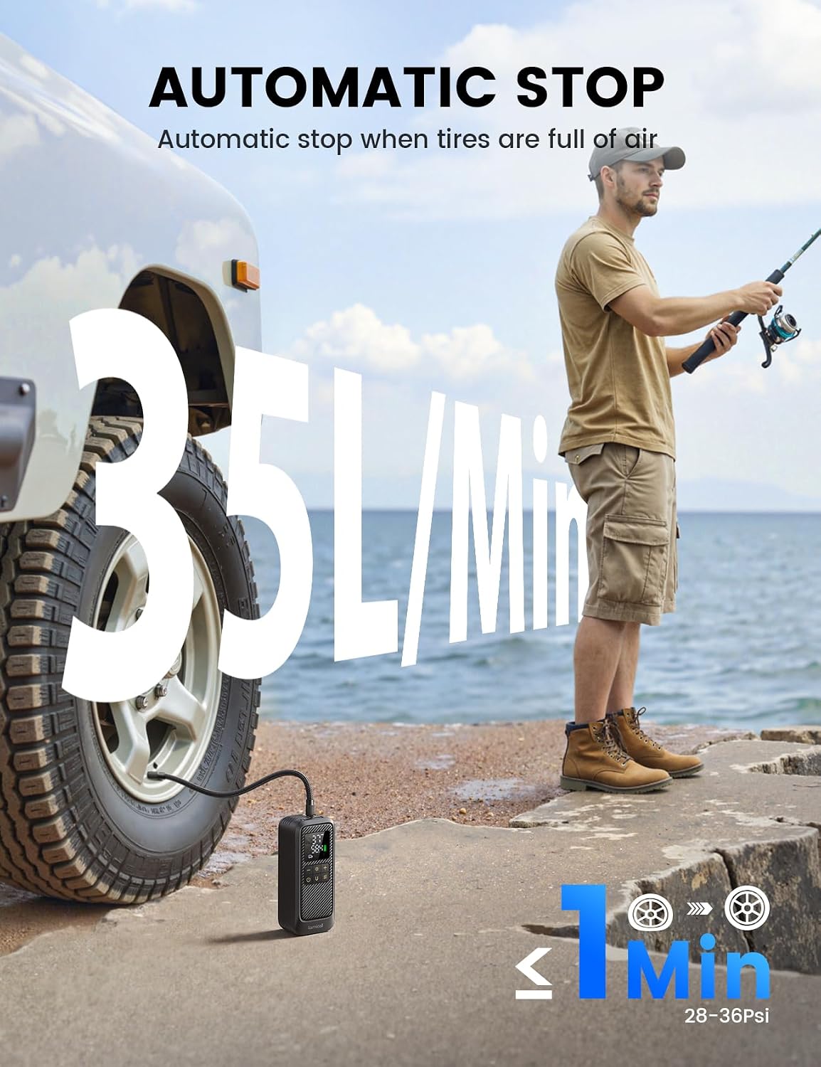 Cordless Tyre Inflator 150PSI – Digital Gauge, Auto Stop & Power Bank