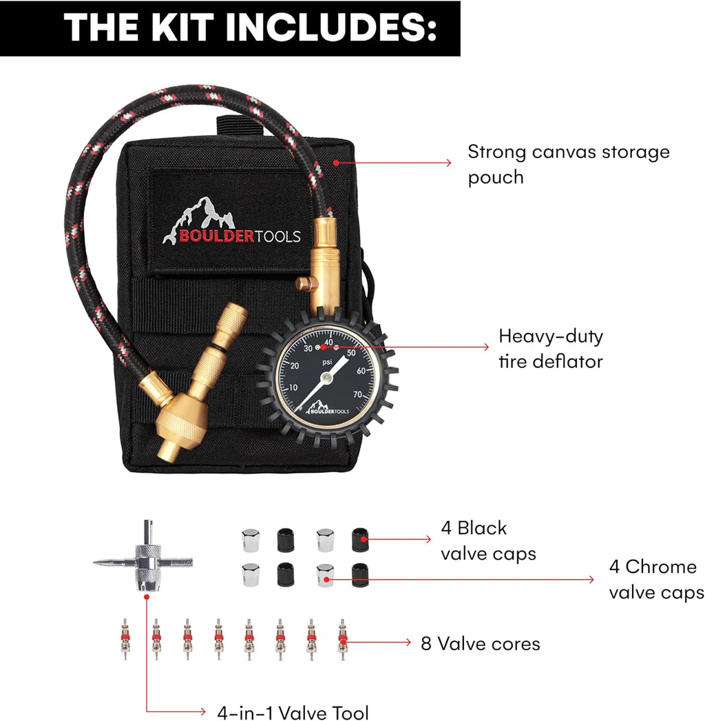 4WD Rapid Tyre Deflator Kit with Gauge, Valve Cores & Pouch