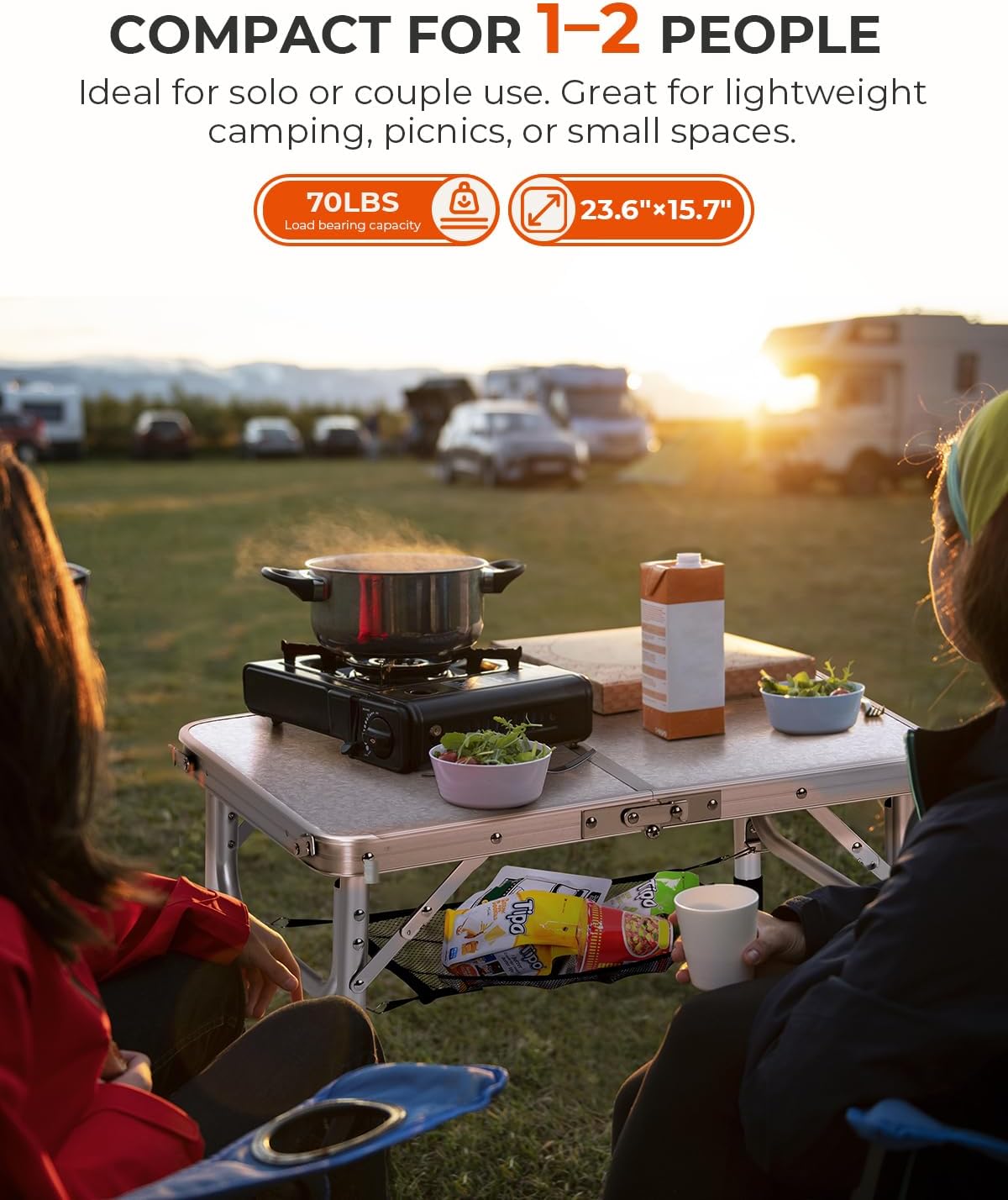 Adjustable Height Folding Aluminium Camping Table with Mesh Shelf