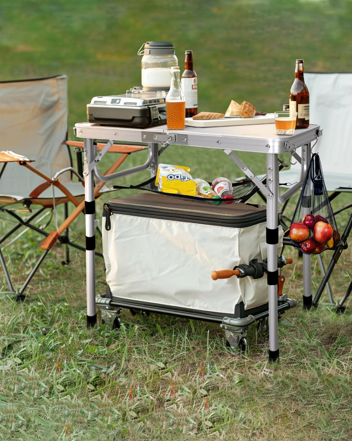 Adjustable Height Folding Aluminium Camping Table with Mesh Shelf