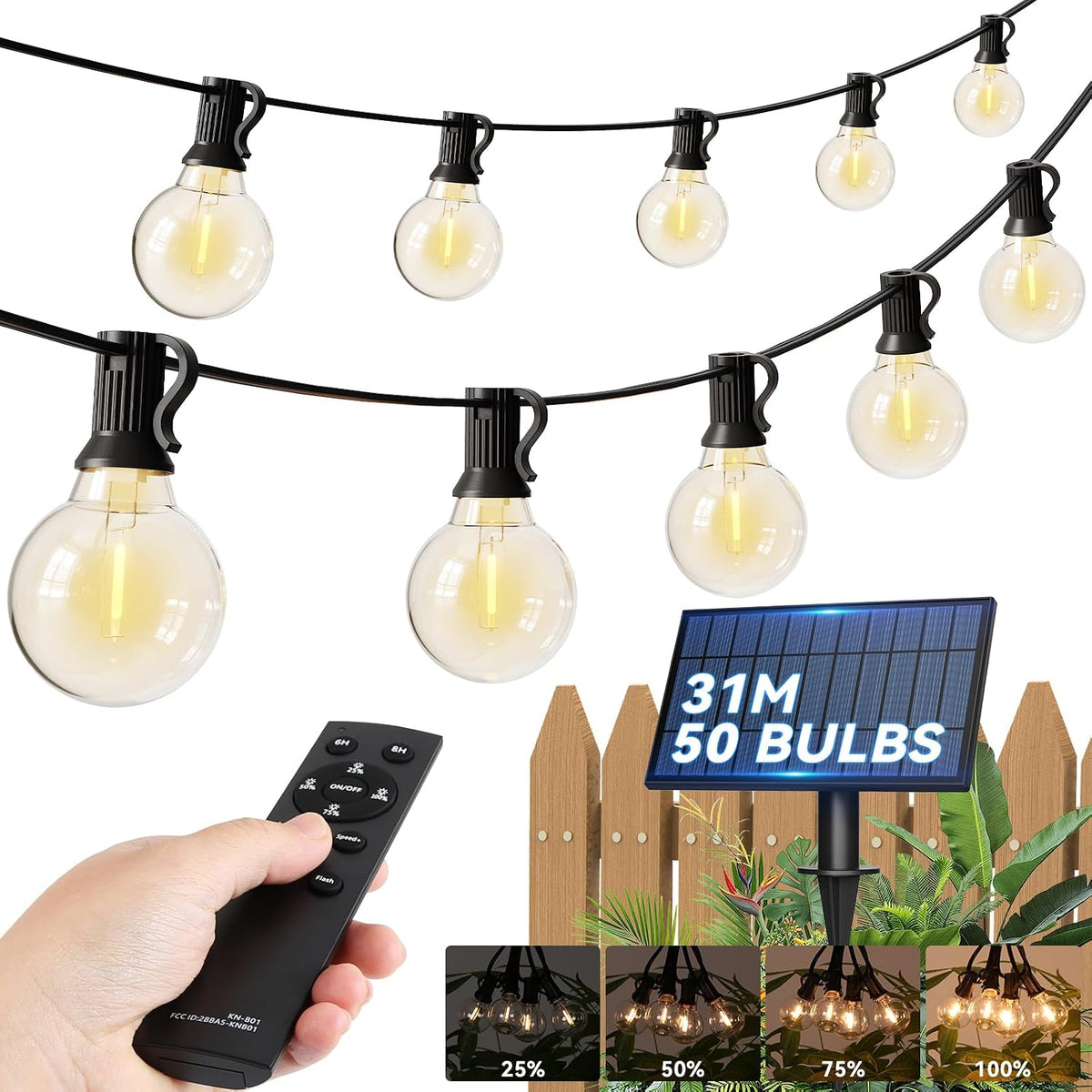31m Solar Festoon Lights – 50 Bulbs, Dimmable with Remote