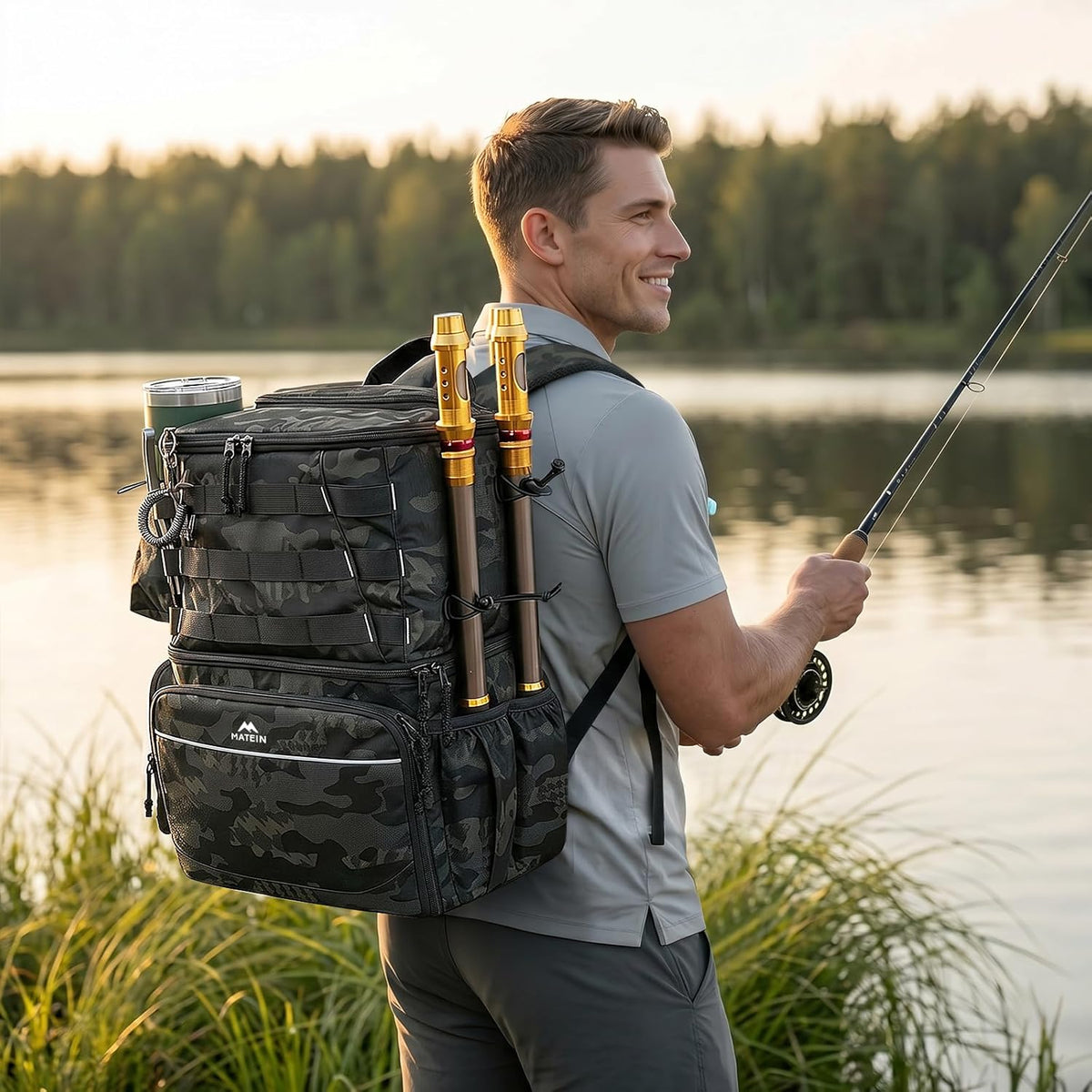 Fishing Backpack with Rod Holders & Insulated Cooler