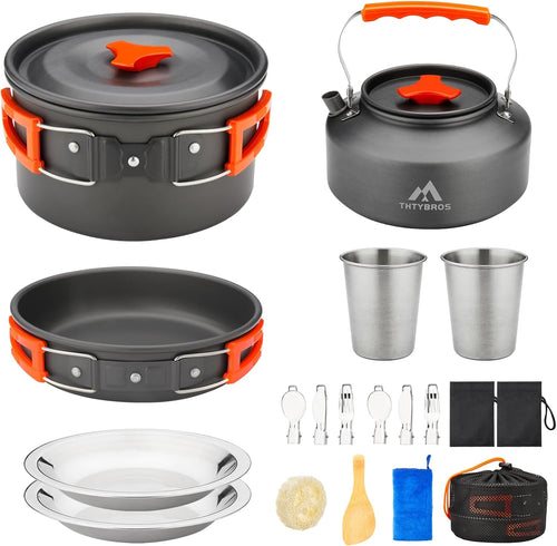 17-Piece Camping Cookware Kit – Pot, Pan, Kettle & Cutlery for 2