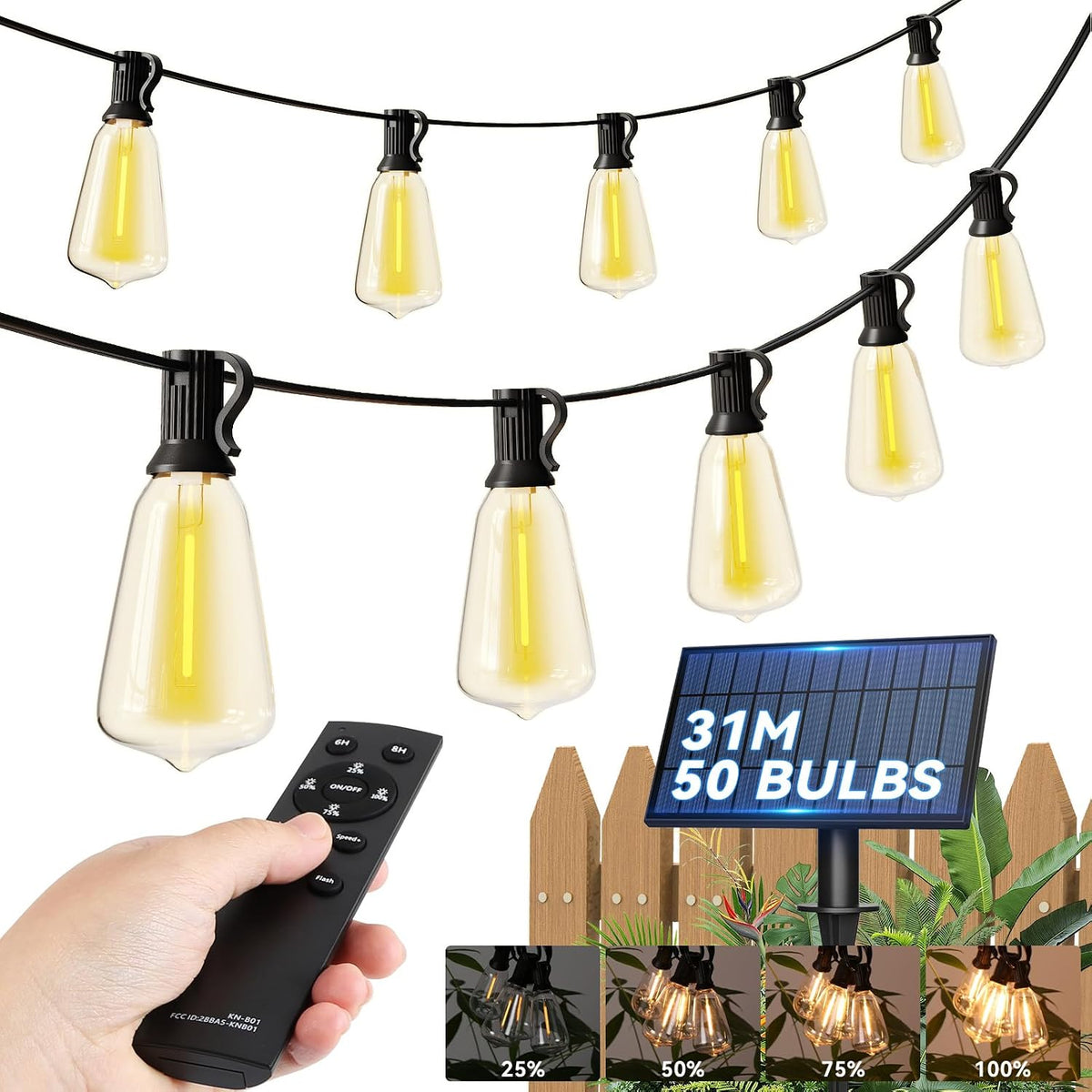 31m Solar Festoon Lights – 50 Bulbs, Dimmable with Remote