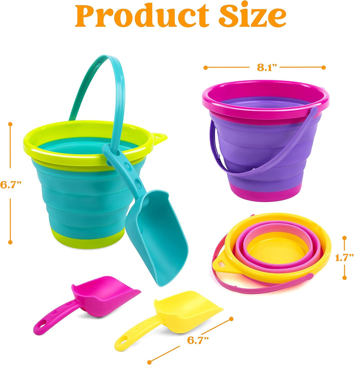 Collapsible Kids Beach Bucket Set – 3 Buckets, 3 Shovels & Mesh Bag