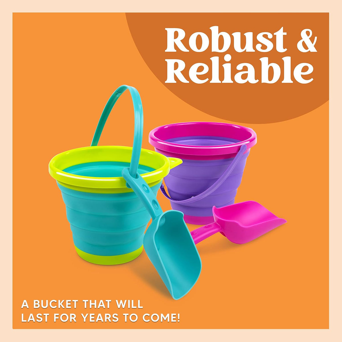 Collapsible Kids Beach Bucket Set – 3 Buckets, 3 Shovels & Mesh Bag