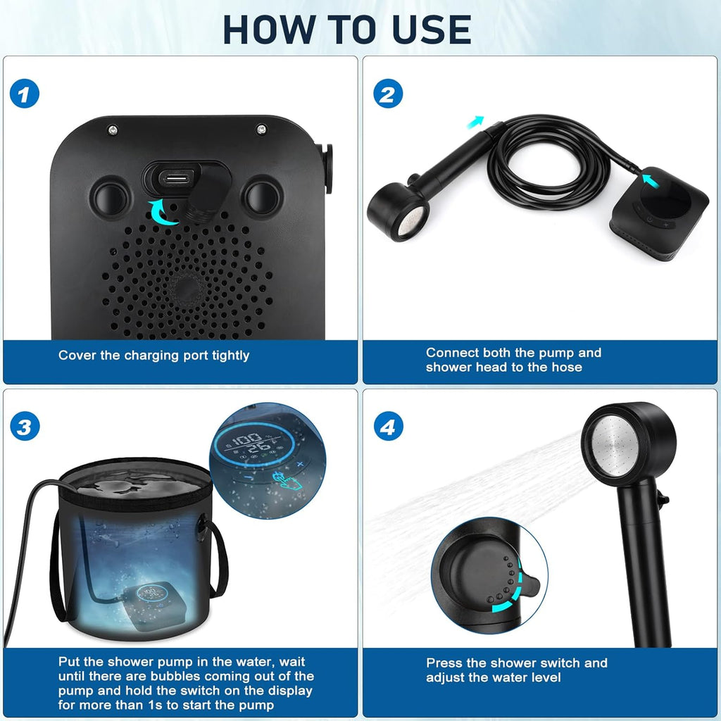 Rechargeable Portable Camping Shower – 8000mAh, LED Display