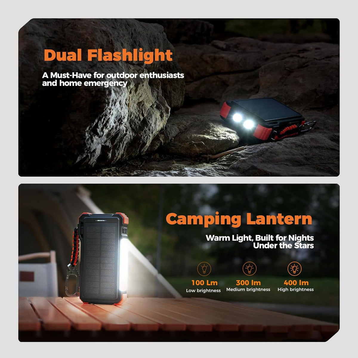 20000mAh Solar Power Bank with Wireless Charging & Built-In Cables