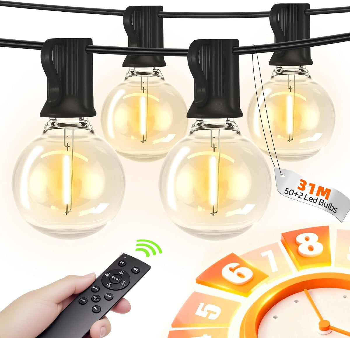 31m Solar Festoon Lights – 50 Bulbs, Dimmable with Remote