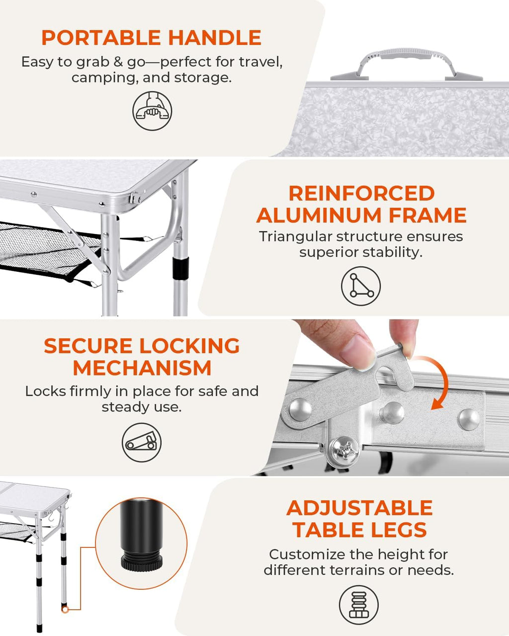 Adjustable Height Folding Aluminium Camping Table with Mesh Shelf