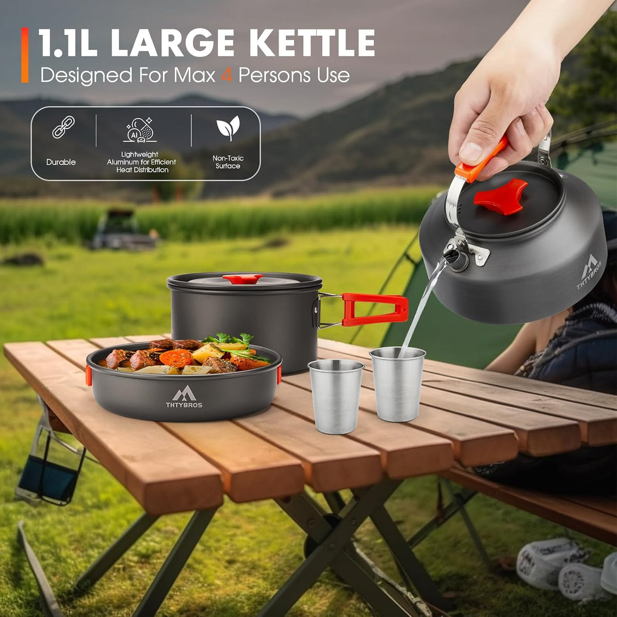 17-Piece Camping Cookware Kit – Pot, Pan, Kettle & Cutlery for 2
