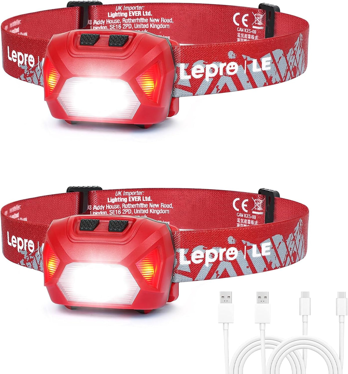 Rechargeable LED Head Torch 2 Pack – Spot, Flood & Red Light