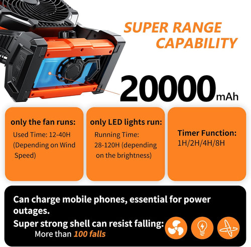 20000mAh Rechargeable Camping Fan with LED Lantern & Remote