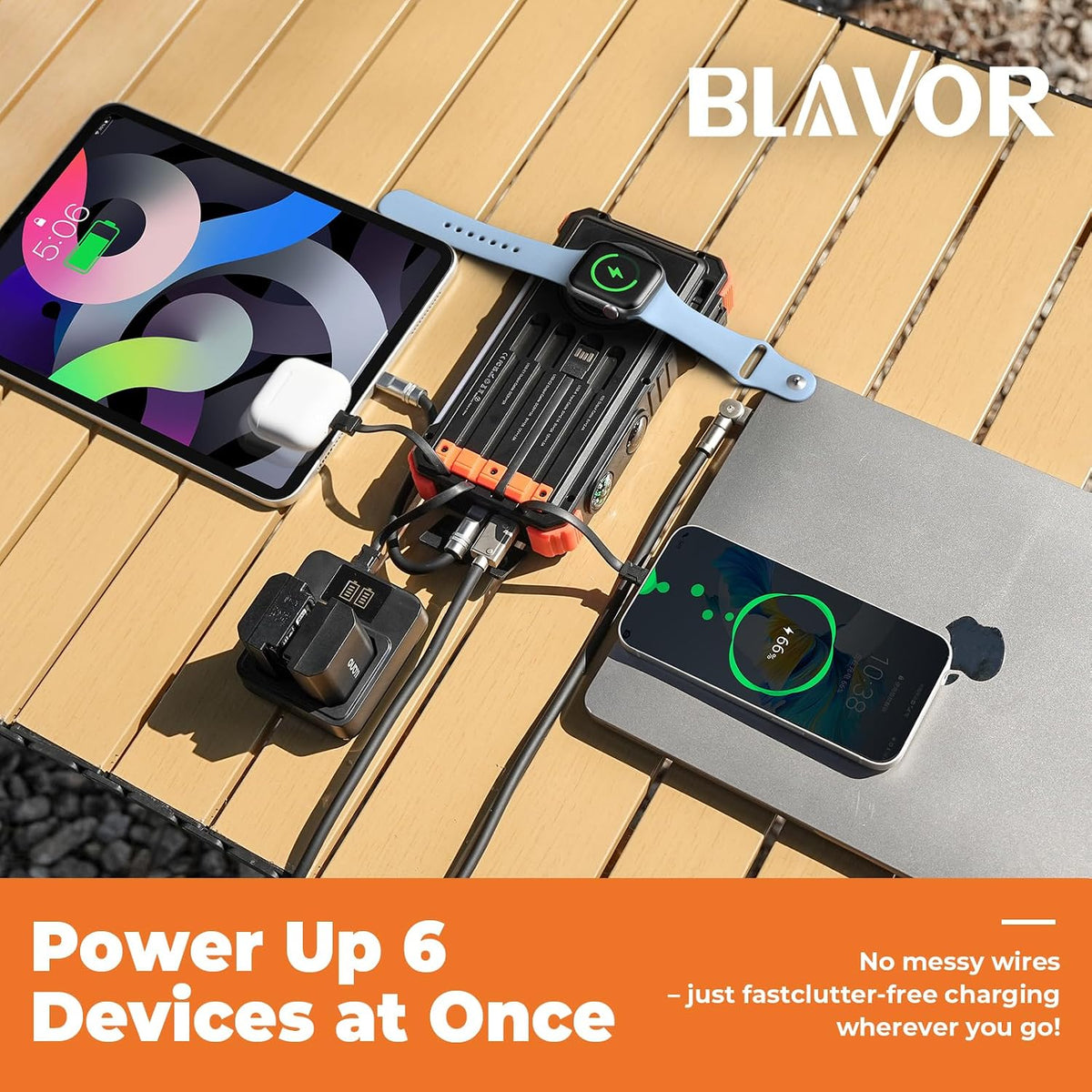 20000mAh Solar Power Bank with Wireless Charging & Built-In Cables
