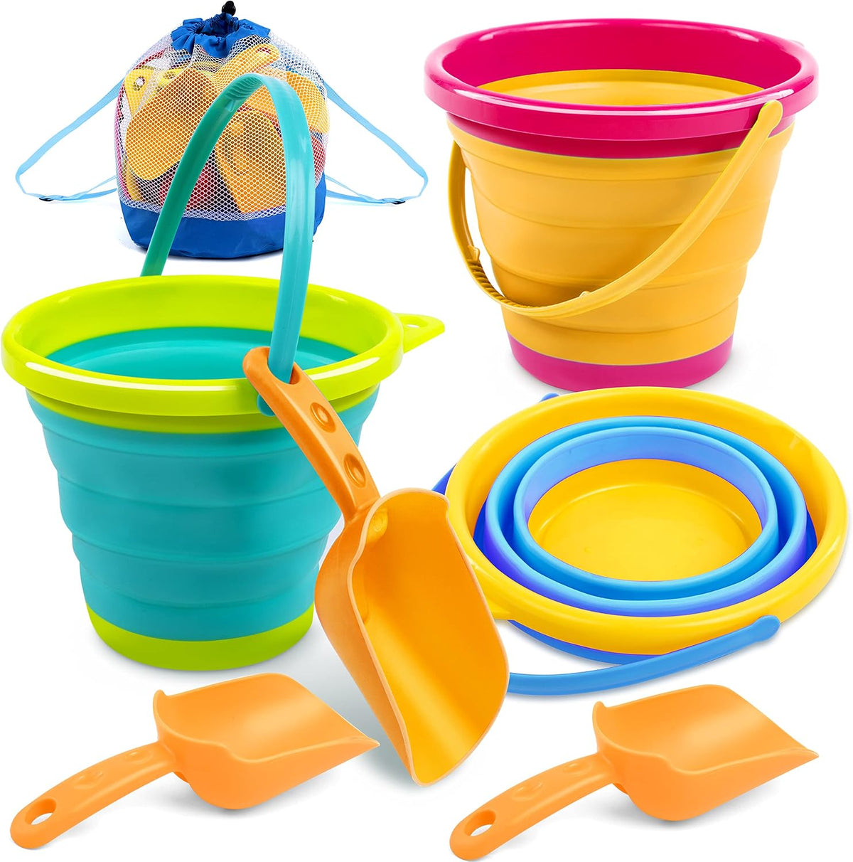 Collapsible Kids Beach Bucket Set – 3 Buckets, 3 Shovels & Mesh Bag
