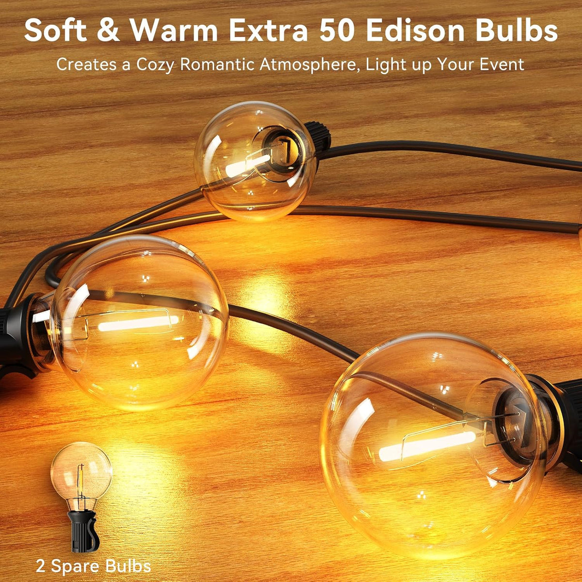 31m Solar Festoon Lights – 50 Bulbs, Dimmable with Remote