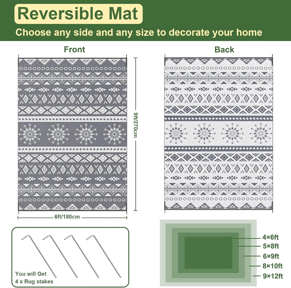 Reversible Waterproof Outdoor Rug for Patio & Camping