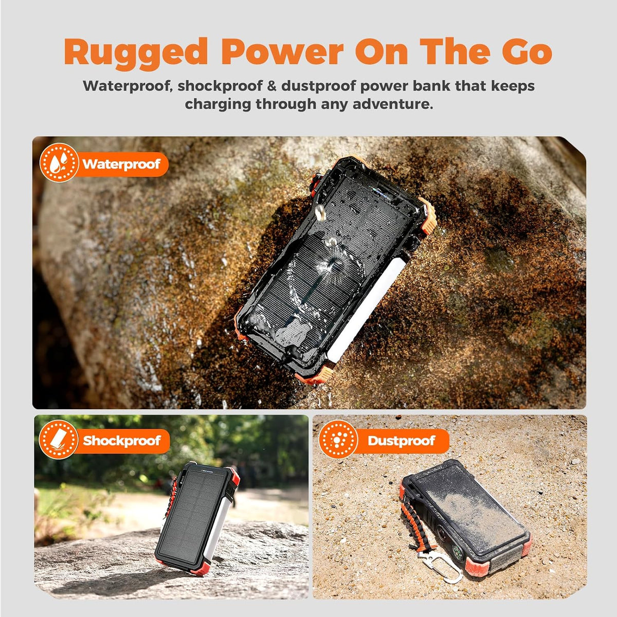 20000mAh Solar Power Bank with Wireless Charging & Built-In Cables