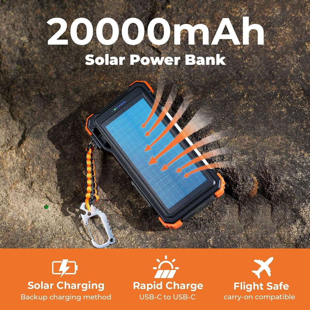20000mAh Solar Power Bank with Wireless Charging & Built-In Cables