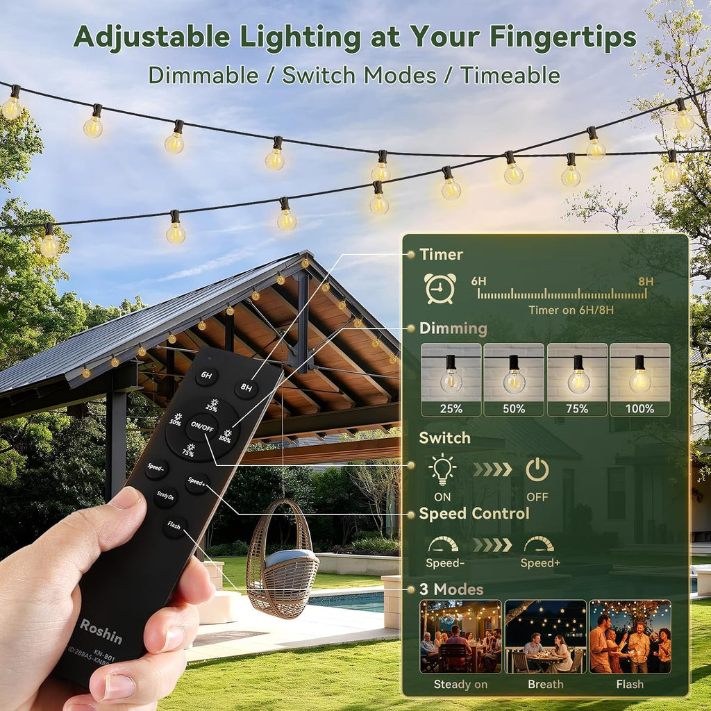 31m Solar Festoon Lights – 50 Bulbs, Dimmable with Remote