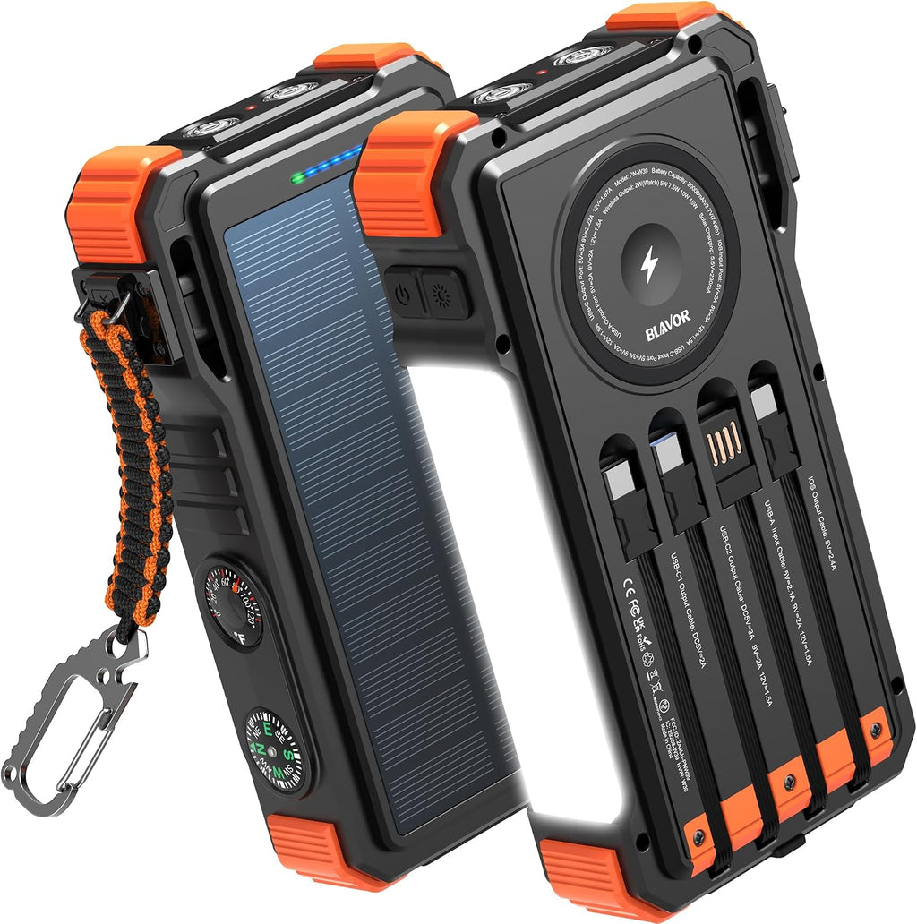20000mAh Solar Power Bank with Wireless Charging & Built-In Cables