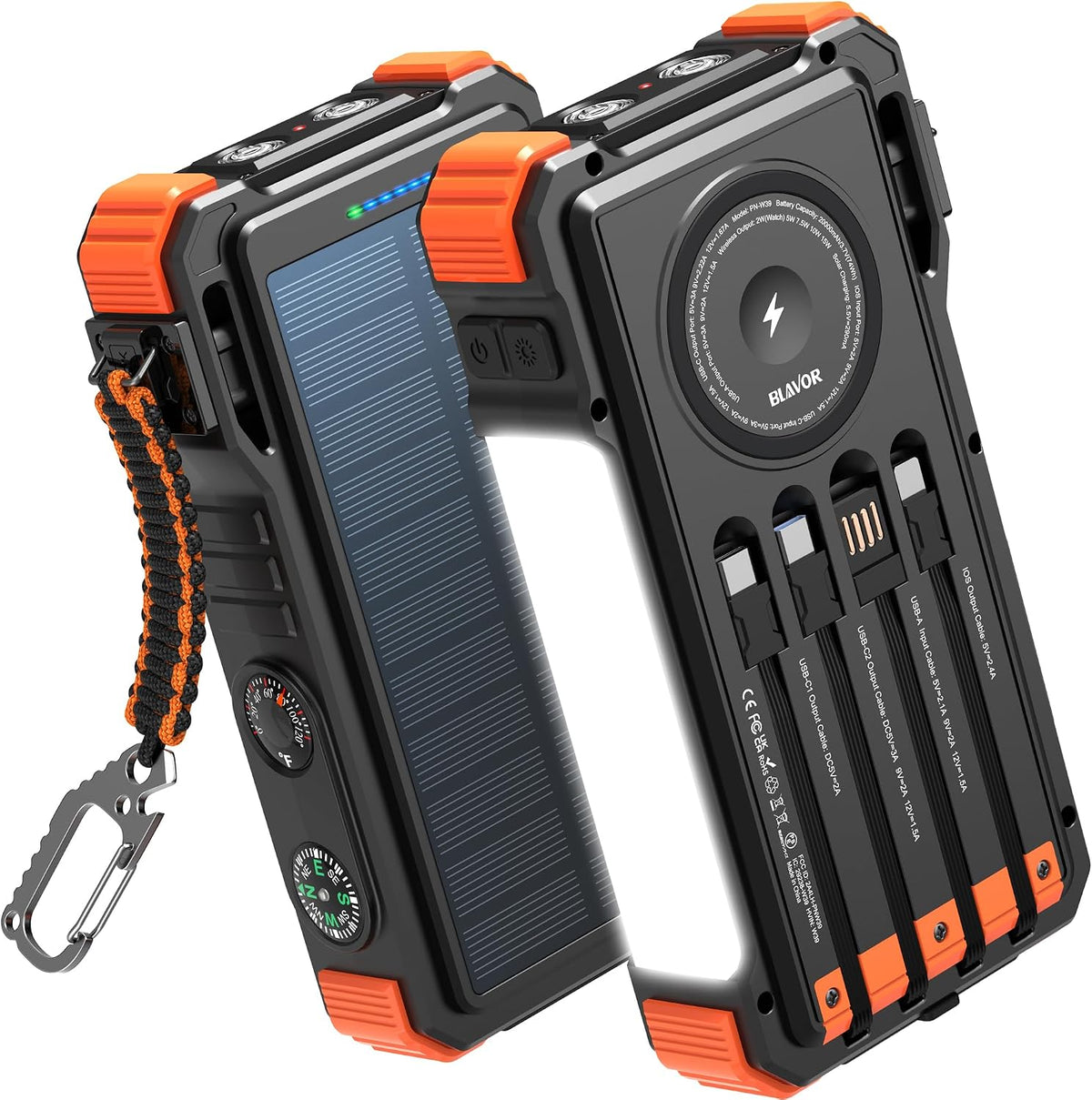 20000mAh Solar Power Bank with Wireless Charging & Built-In Cables