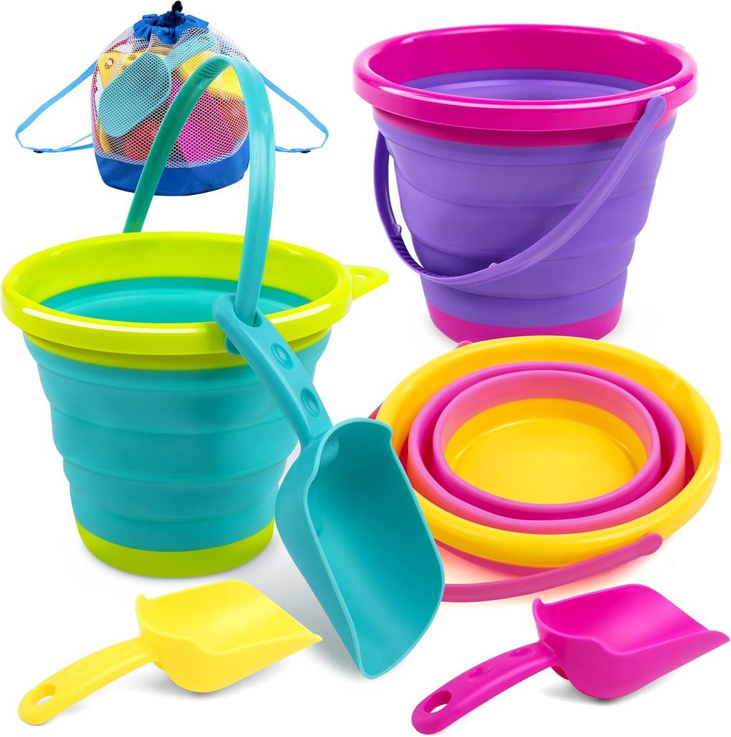 Collapsible Kids Beach Bucket Set – 3 Buckets, 3 Shovels & Mesh Bag