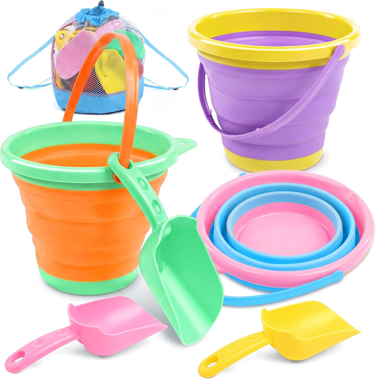Collapsible Kids Beach Bucket Set – 3 Buckets, 3 Shovels & Mesh Bag