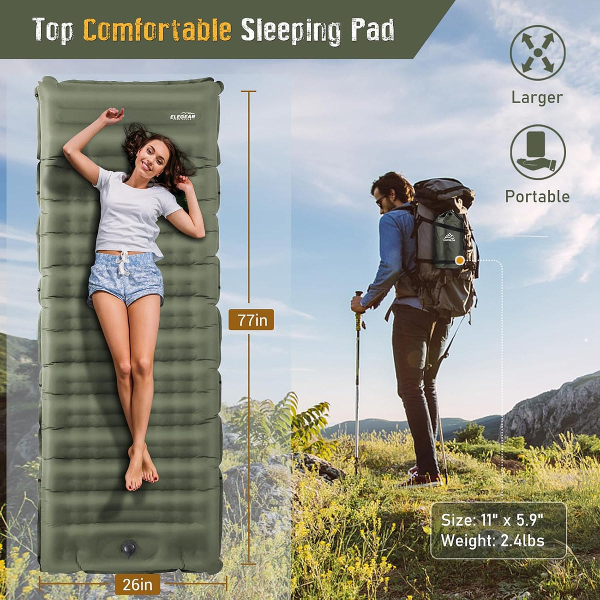 Ultra-Thick Self-Inflating Camping Sleeping Pad with Built-In Pillow