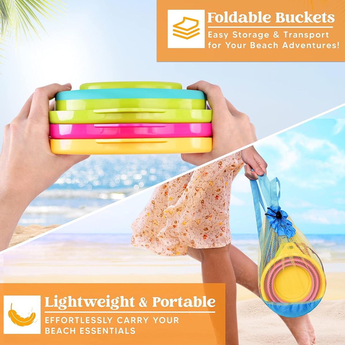Collapsible Kids Beach Bucket Set – 3 Buckets, 3 Shovels & Mesh Bag