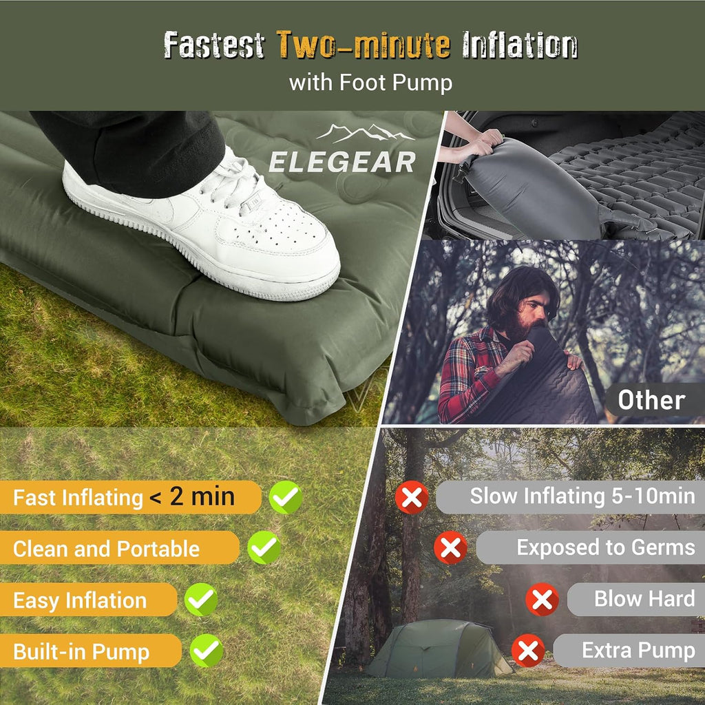 Ultra-Thick Self-Inflating Camping Sleeping Pad with Built-In Pillow