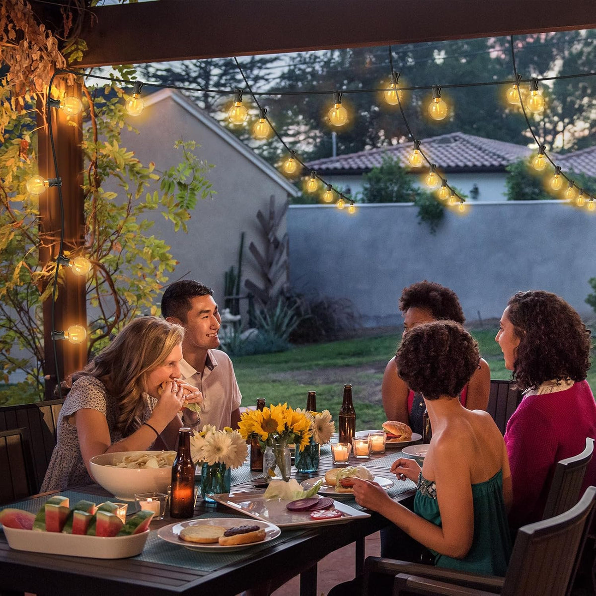 31m Solar Festoon Lights – 50 Bulbs, Dimmable with Remote