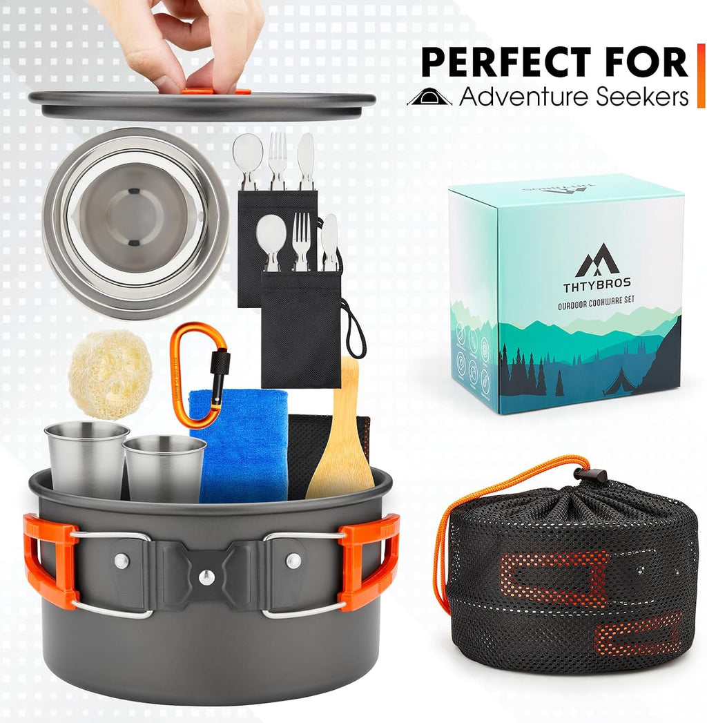17-Piece Camping Cookware Kit – Pot, Pan, Kettle & Cutlery for 2