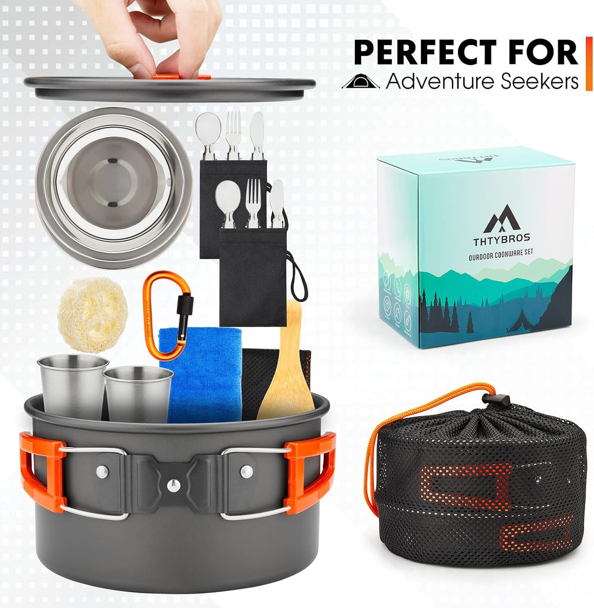 17-Piece Camping Cookware Kit – Pot, Pan, Kettle & Cutlery for 2