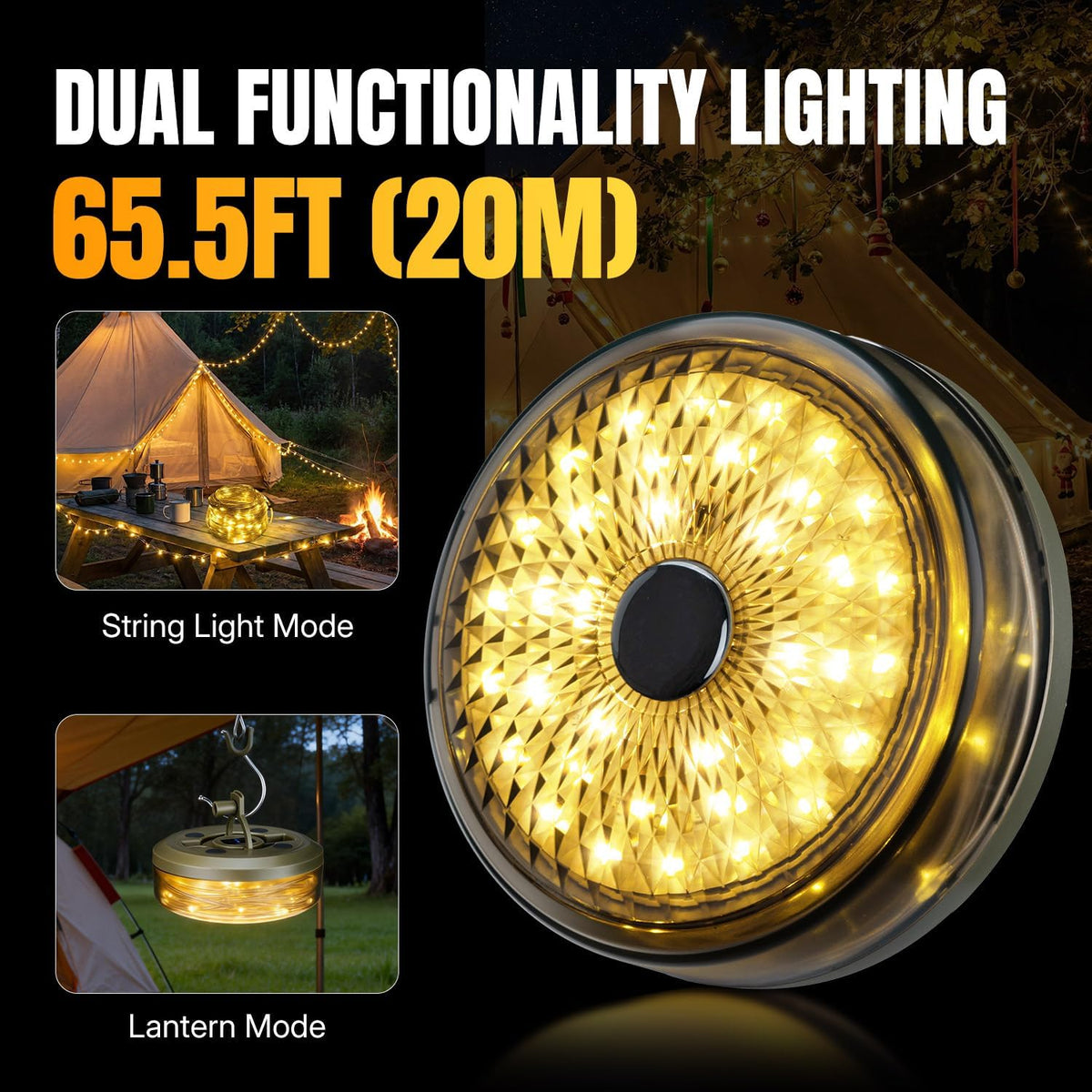 20m Rechargeable Camping String Lights – 2-in-1 Lantern, 10 Modes