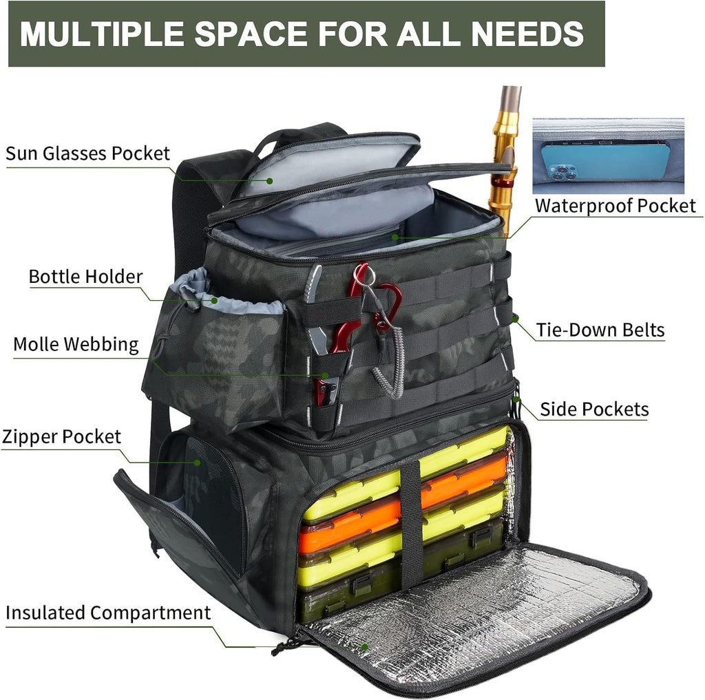 Fishing Backpack with Rod Holders & Insulated Cooler