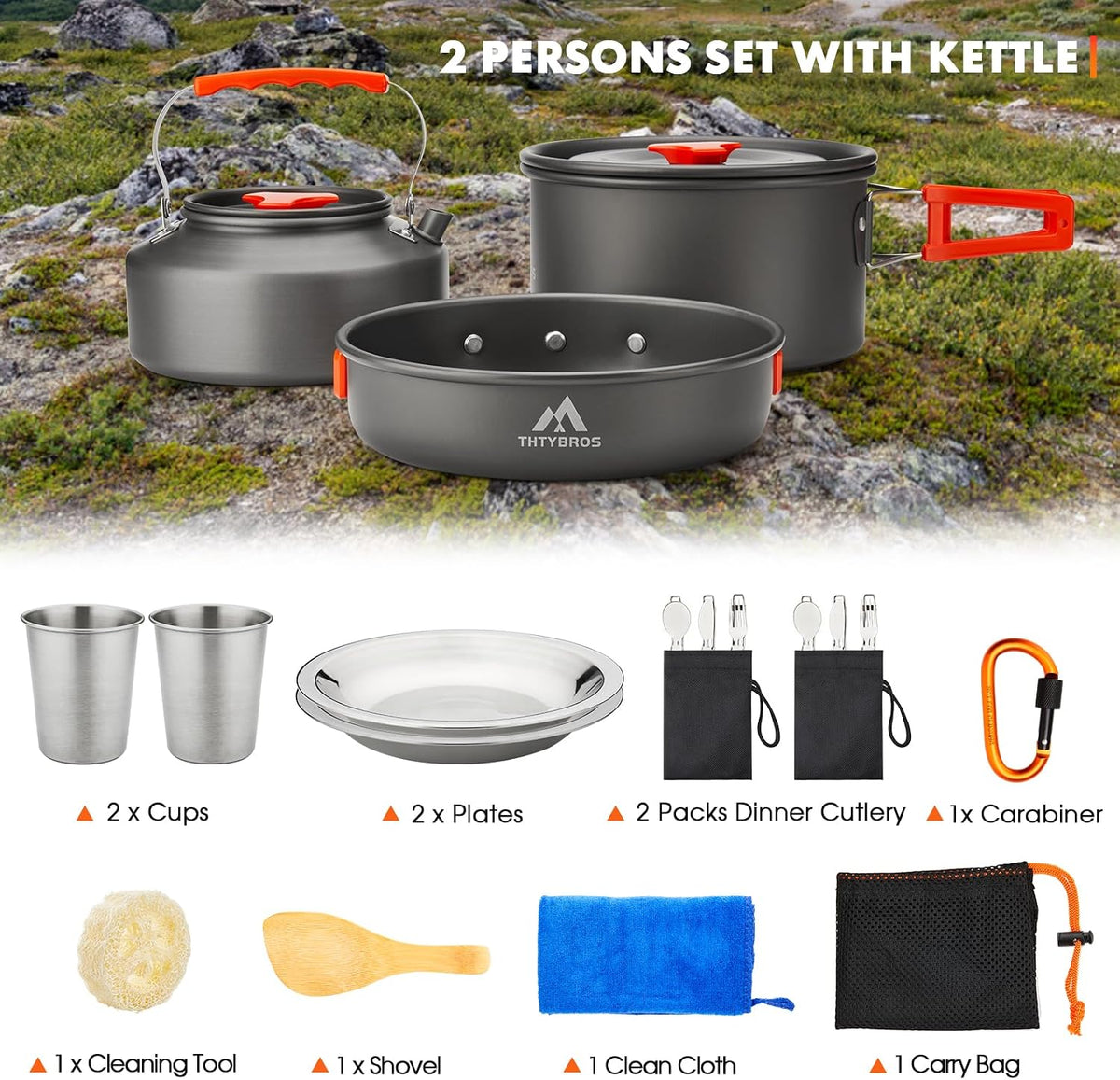 17-Piece Camping Cookware Kit – Pot, Pan, Kettle & Cutlery for 2
