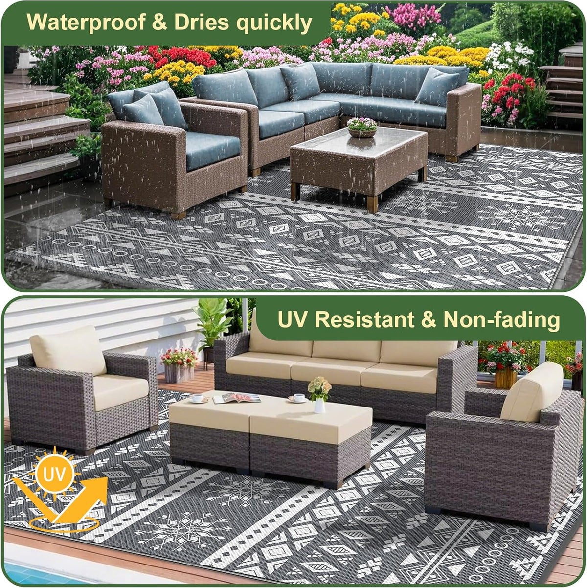 Reversible Waterproof Outdoor Rug for Patio & Camping