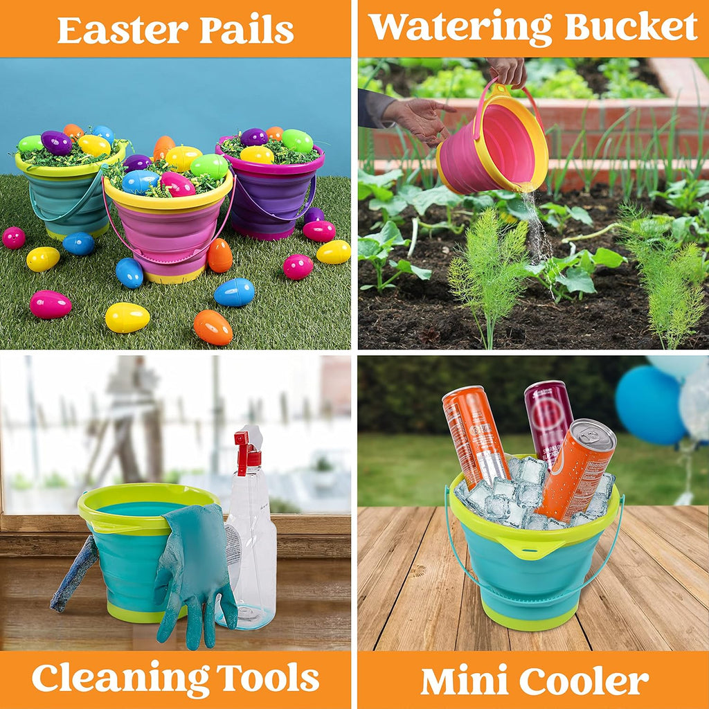 Collapsible Kids Beach Bucket Set – 3 Buckets, 3 Shovels & Mesh Bag
