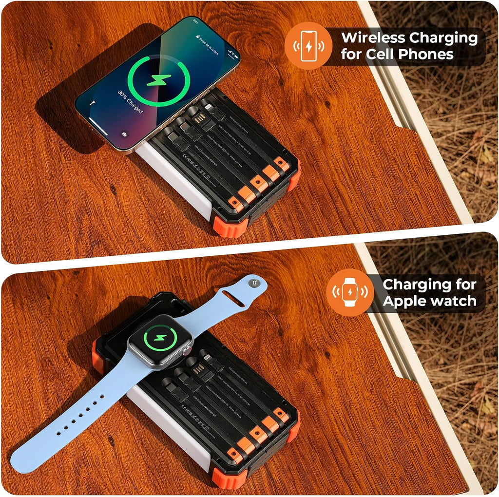 20000mAh Solar Power Bank with Wireless Charging & Built-In Cables