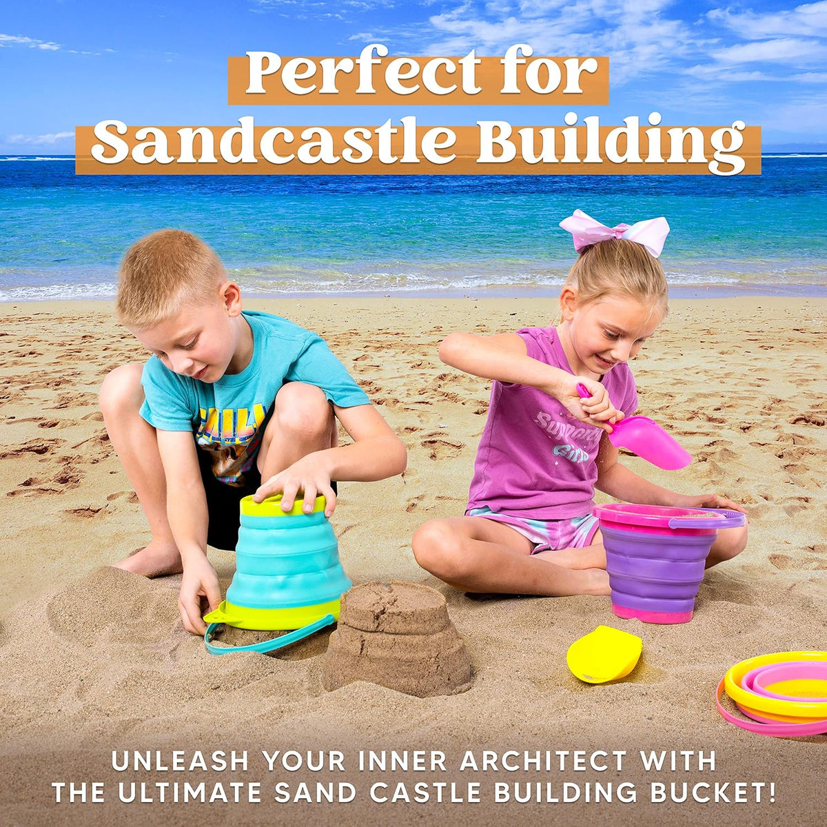 Collapsible Kids Beach Bucket Set – 3 Buckets, 3 Shovels & Mesh Bag