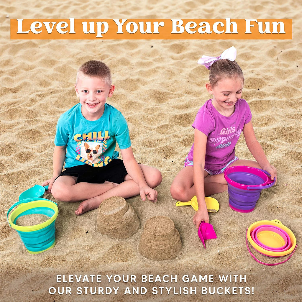 Collapsible Kids Beach Bucket Set – 3 Buckets, 3 Shovels & Mesh Bag