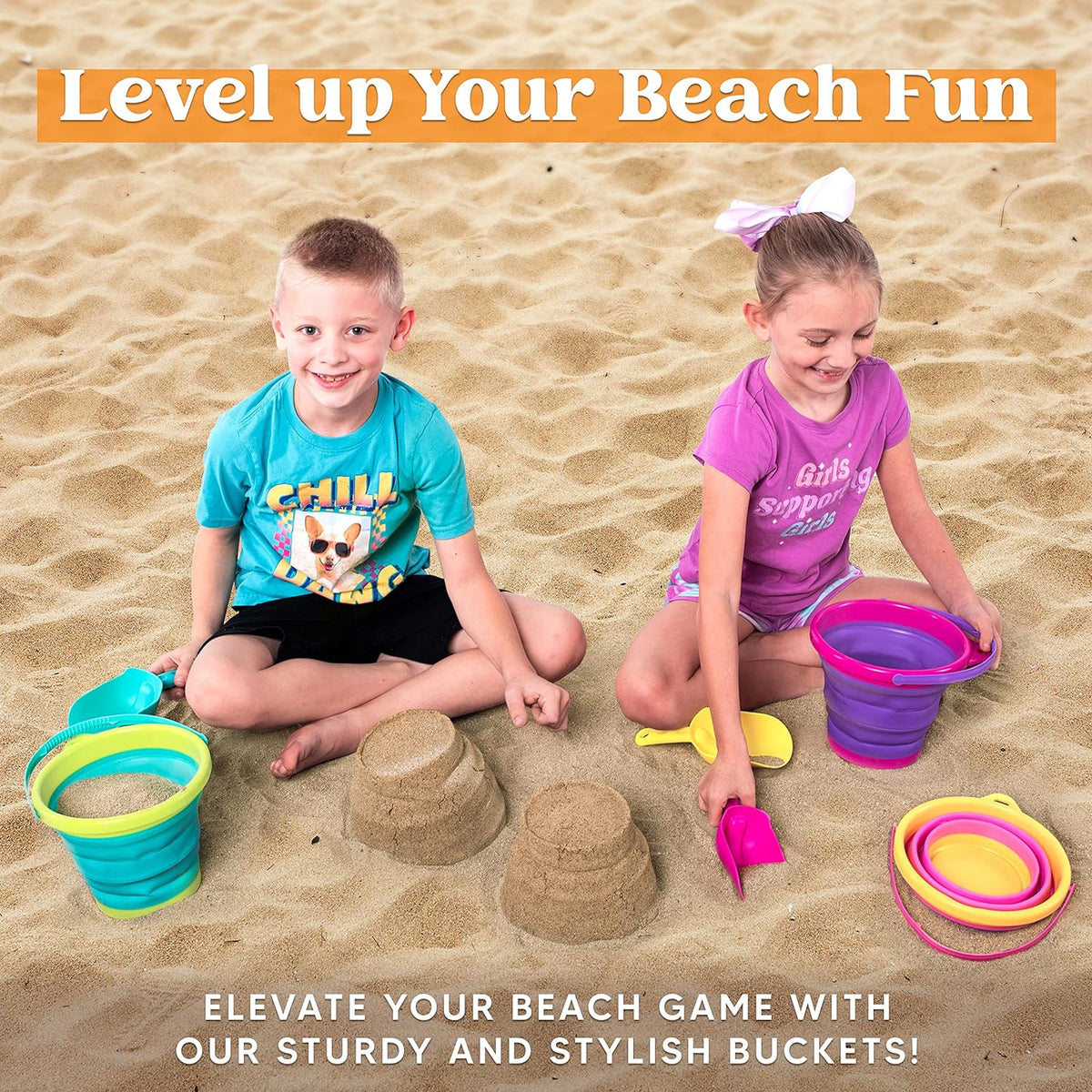 Collapsible Kids Beach Bucket Set – 3 Buckets, 3 Shovels & Mesh Bag