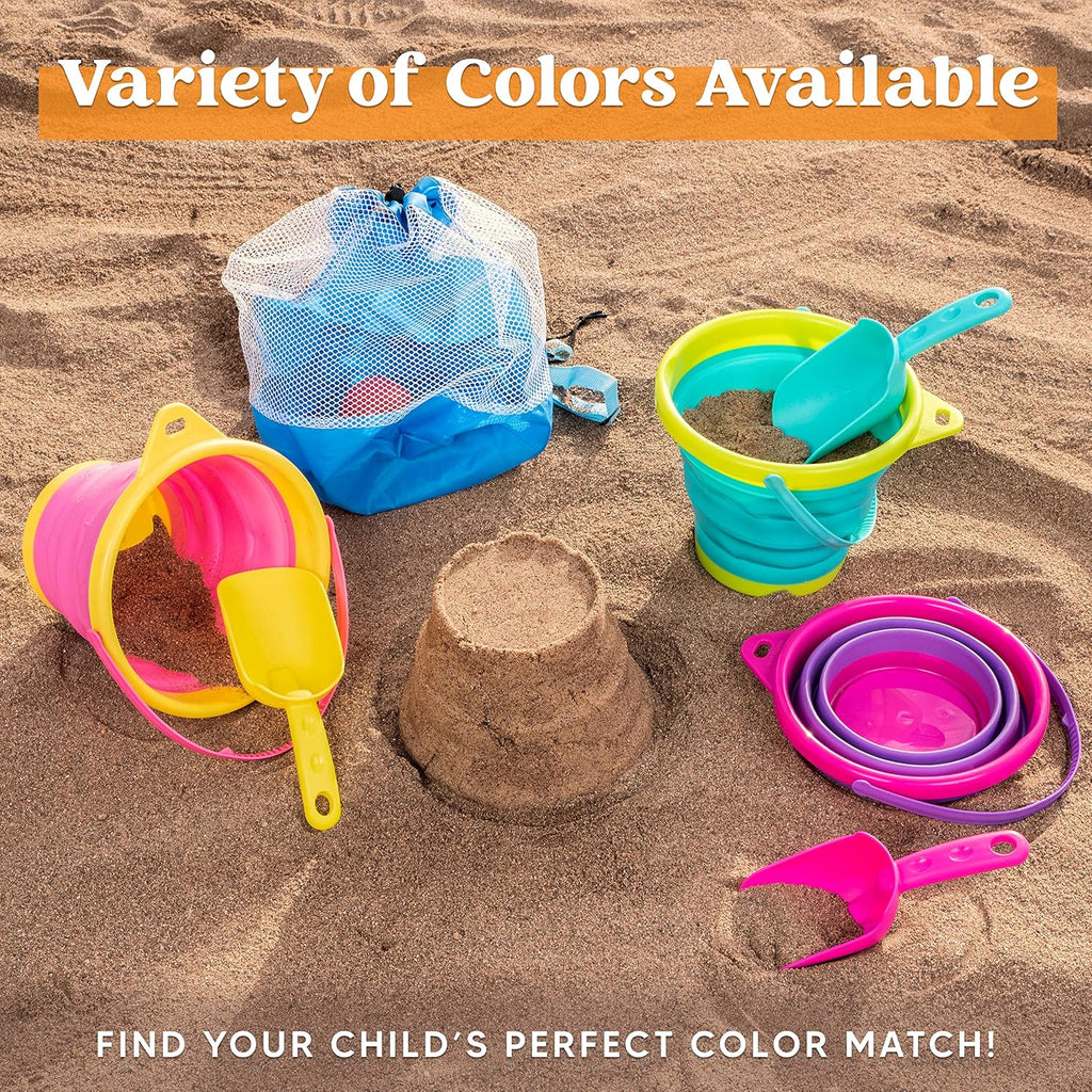 Collapsible Kids Beach Bucket Set – 3 Buckets, 3 Shovels & Mesh Bag